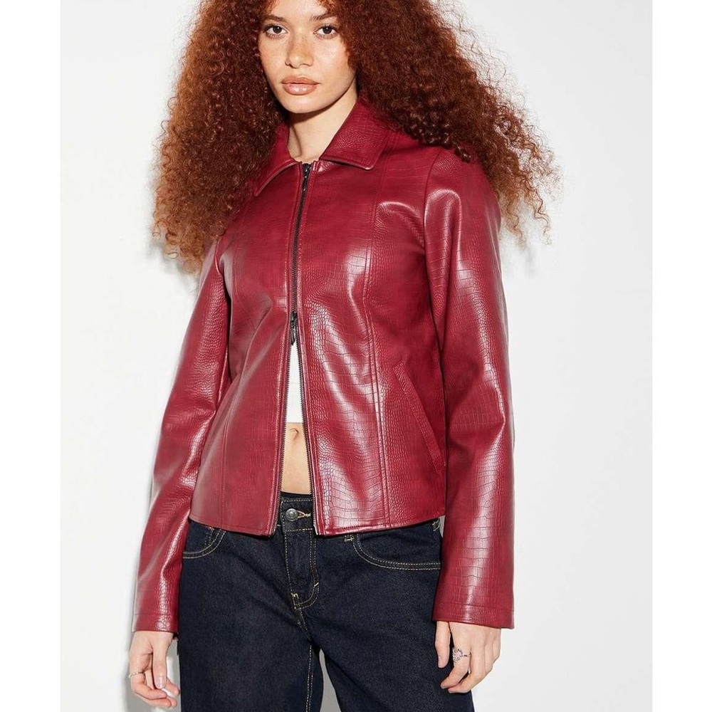 Urban Outfitters Silence + Noise Dark Red Faux Leather Zip Jacket NWT